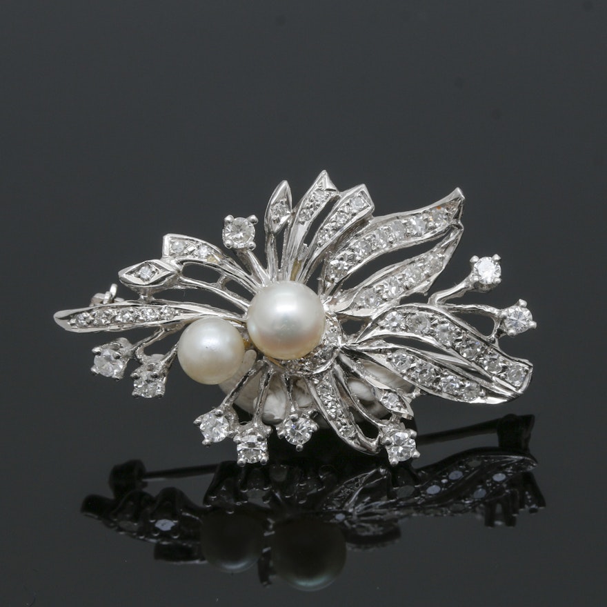 14K White Gold Cultured Pearl and 1.25 CTW Diamond Foliate Brooch