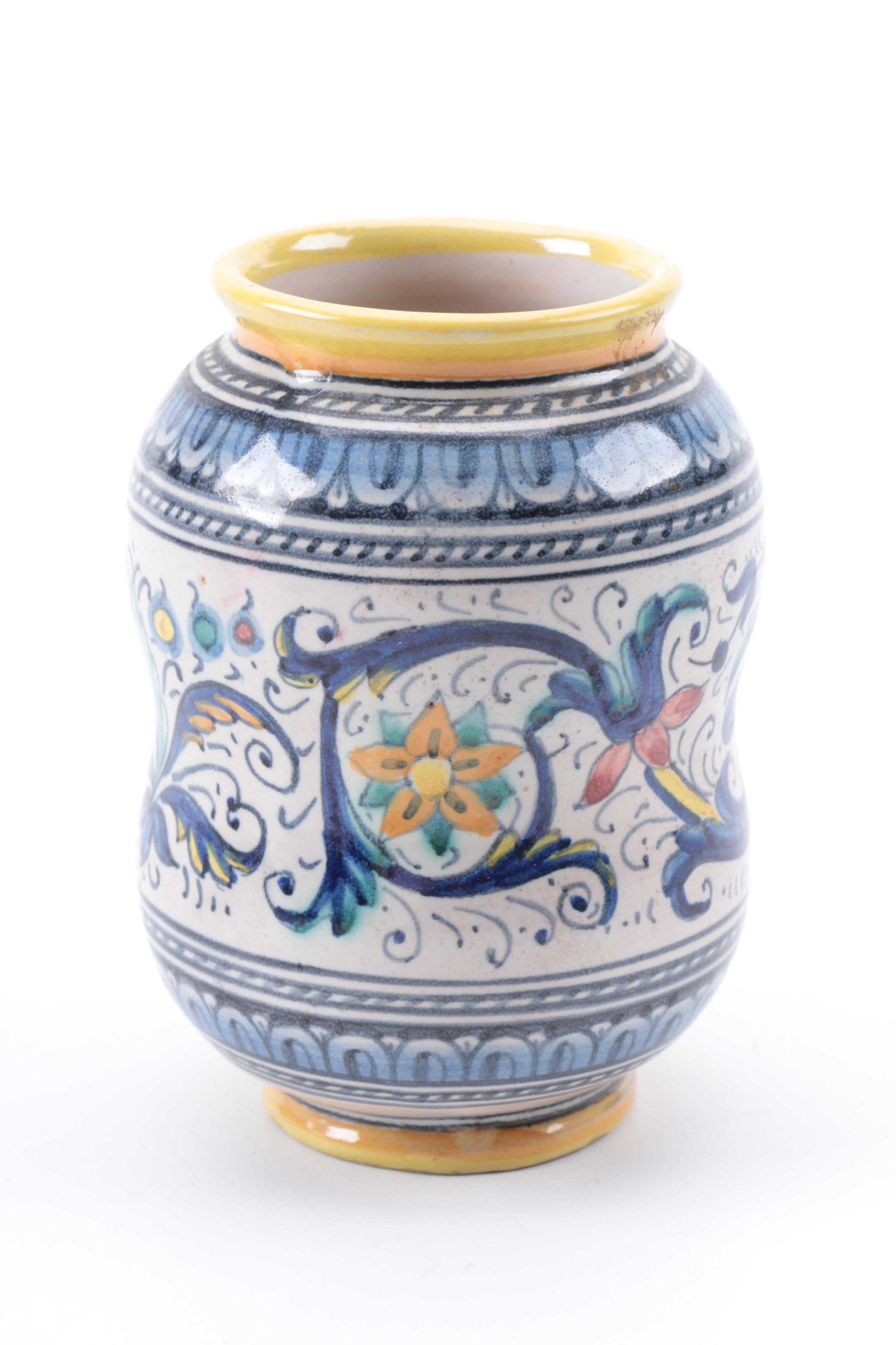 Vintage Italian Ceramic Inkwell and Jar Including Deruta