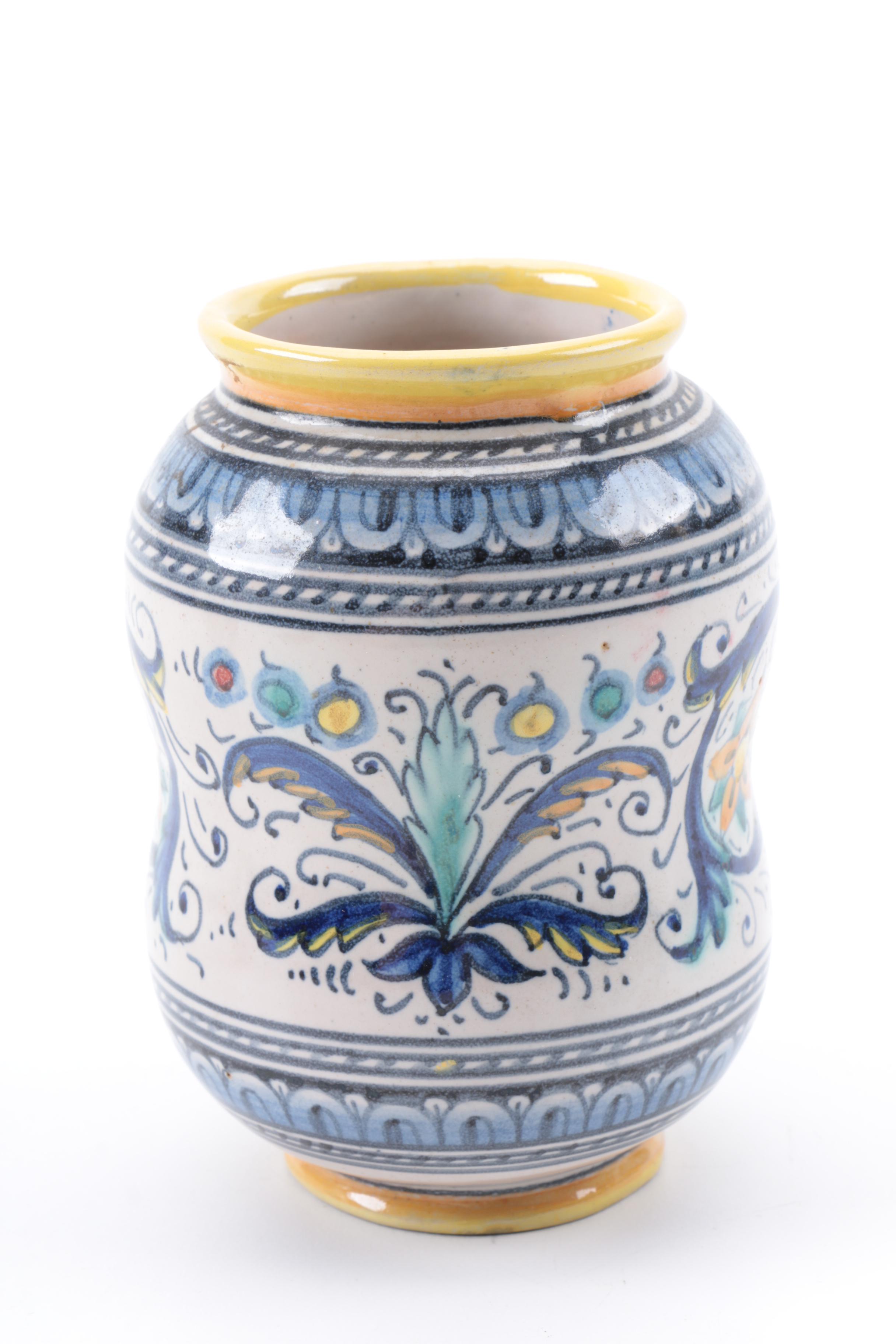 Vintage Italian Ceramic Inkwell and Jar Including Deruta