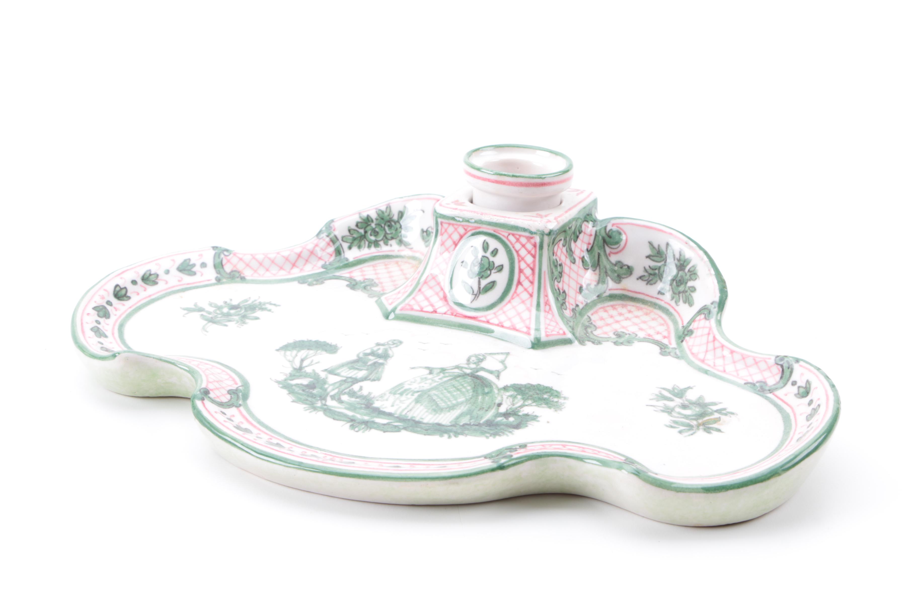 Vintage Italian Ceramic Inkwell and Jar Including Deruta