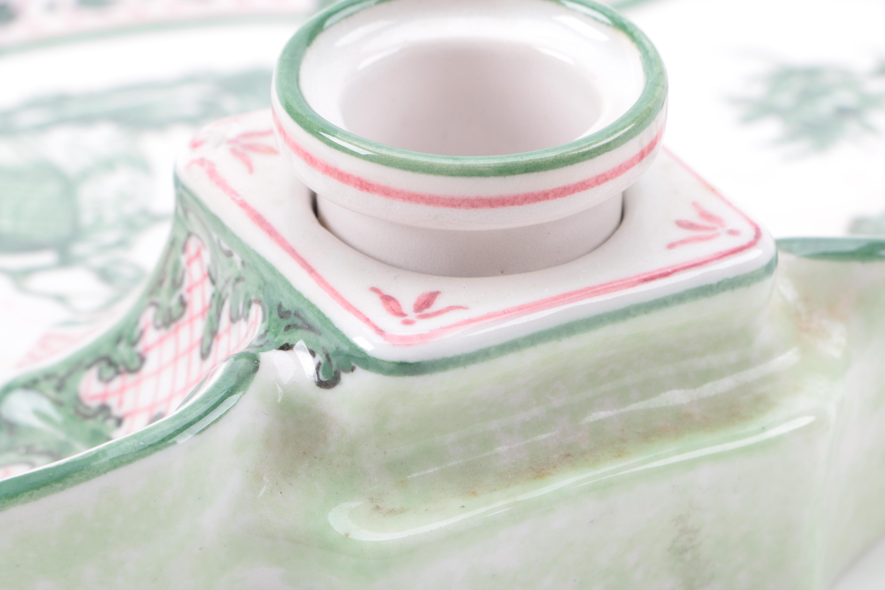 Vintage Italian Ceramic Inkwell and Jar Including Deruta