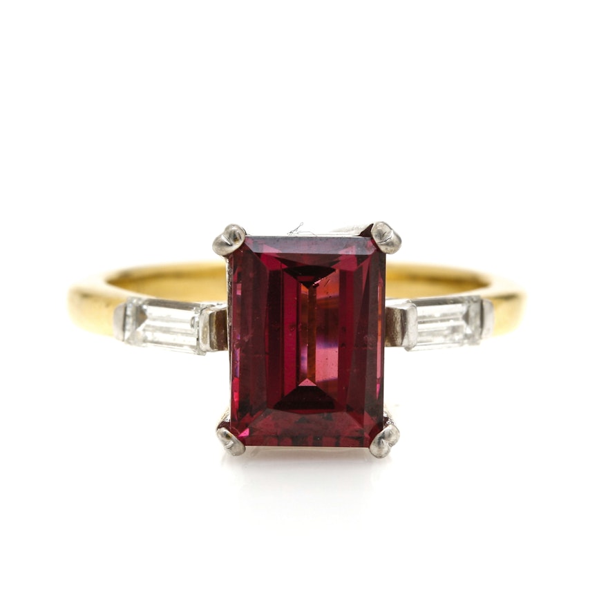 18K Two Tone Gold Diamond and Rhodolite Garnet Ring