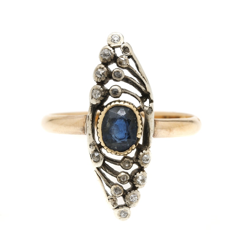 14K Yellow Gold, Sterling Silver, Sapphire and Diamond Ring