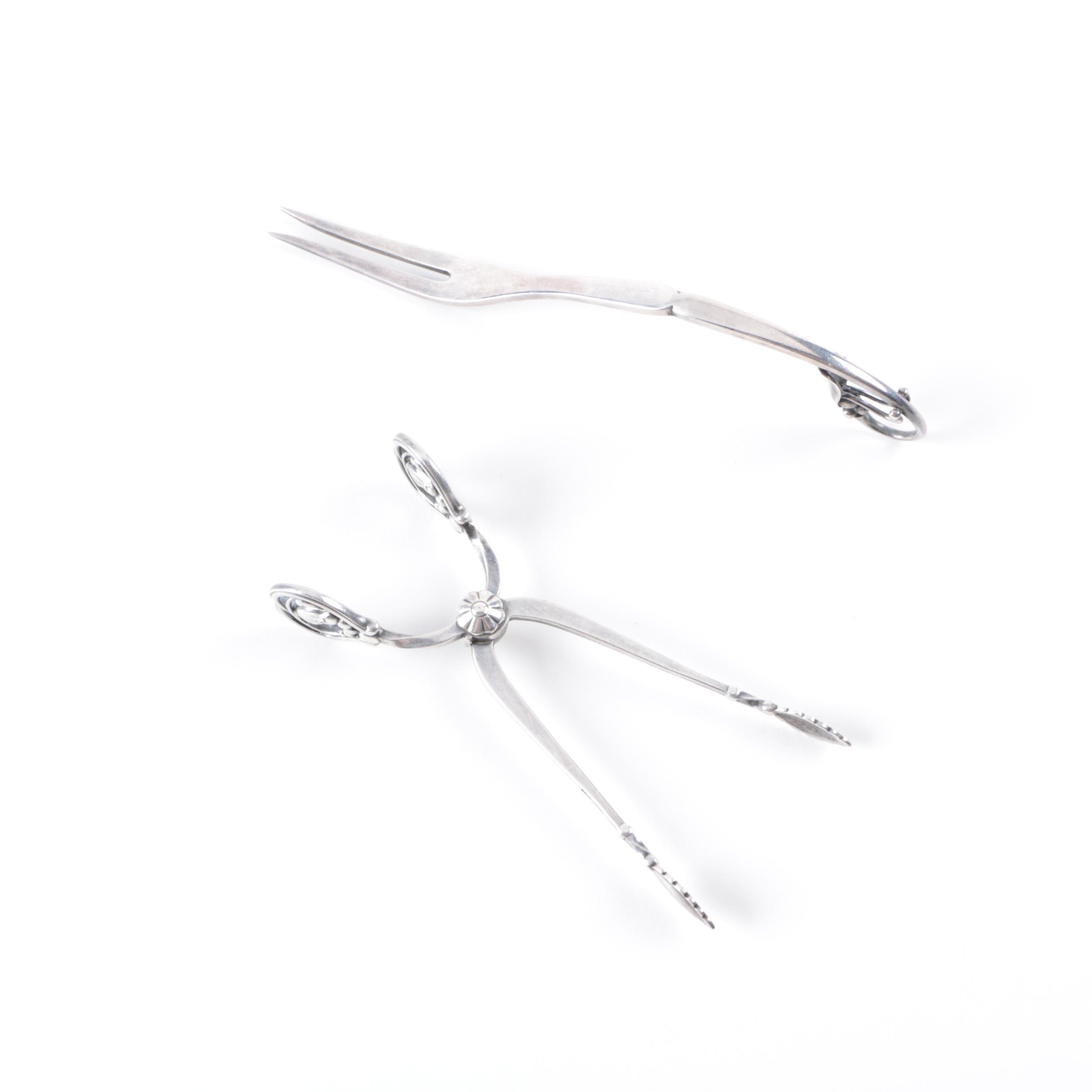 Georg Jensen "Ornamental" Sterling Fork and "Blossom" Sugar Tongs