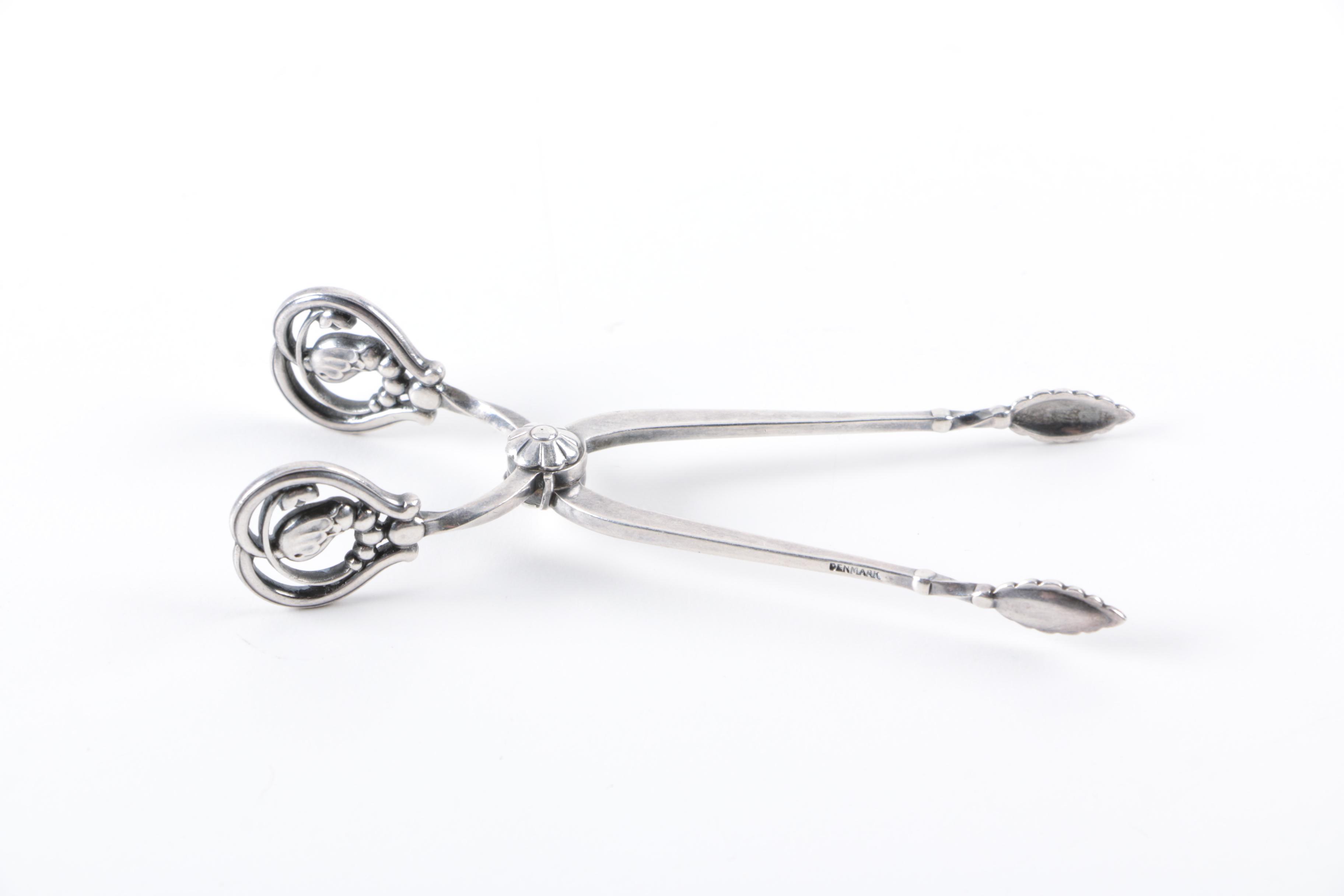 Georg Jensen "Ornamental" Sterling Fork and "Blossom" Sugar Tongs