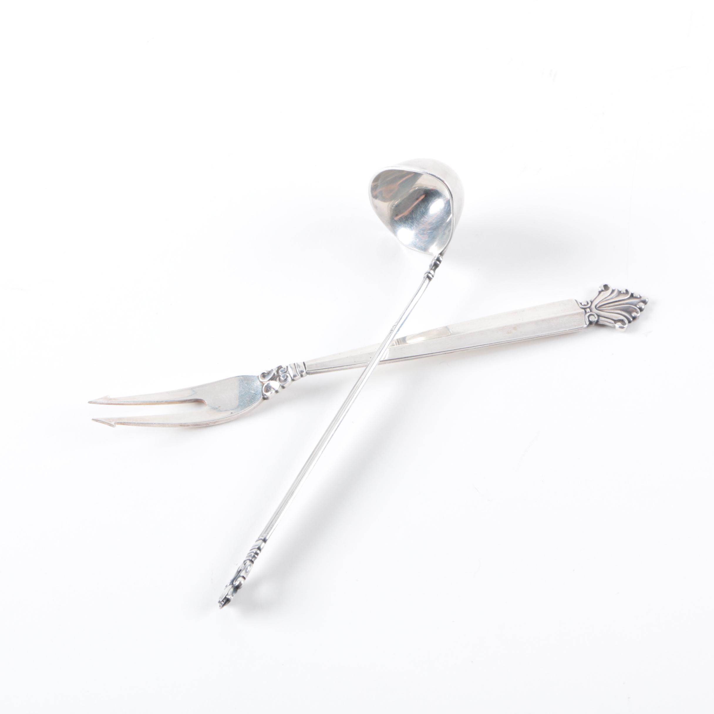 Georg Jensen "Acorn" Sterling Cream Ladle with "Acanthus" Pickle Fork