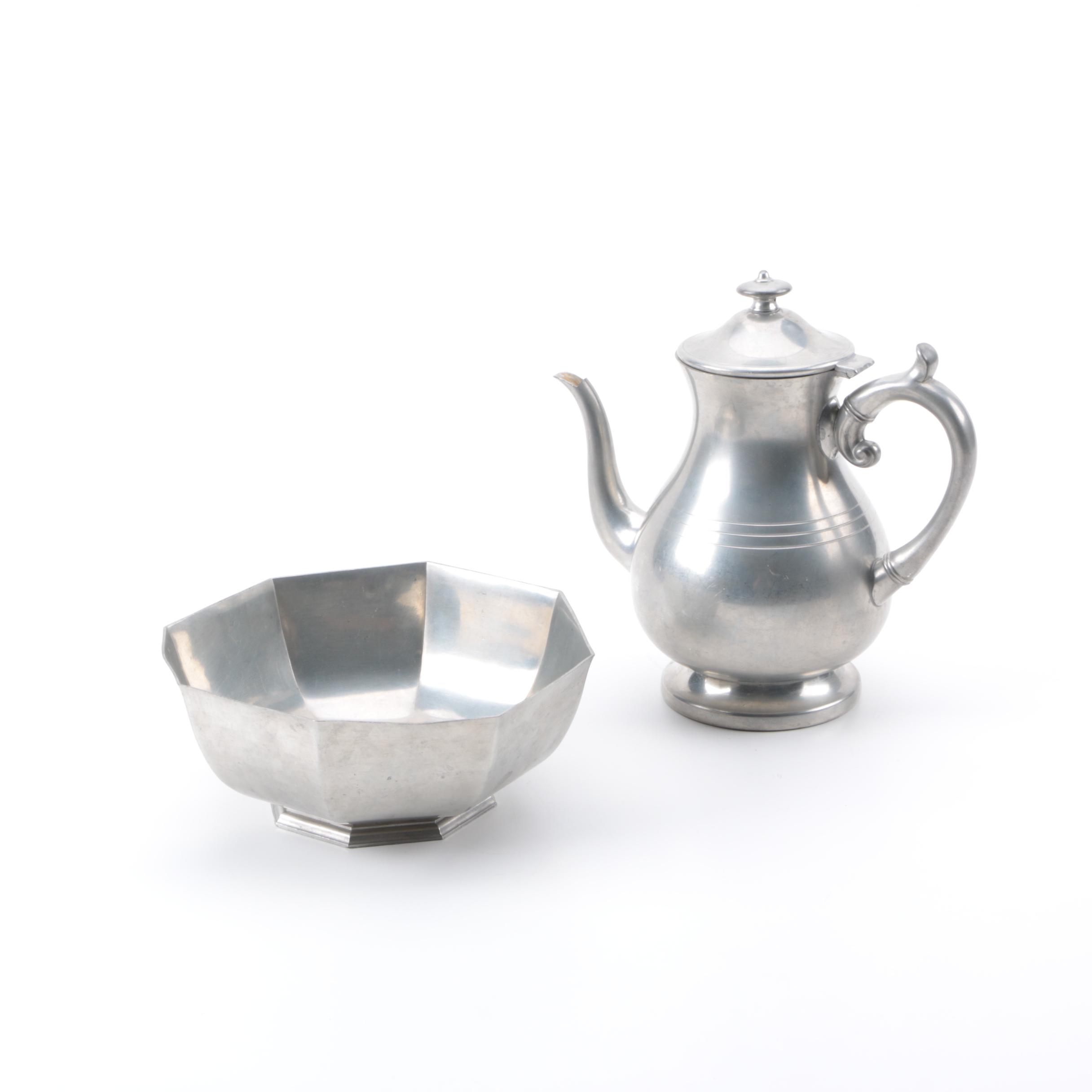 Gorham Pewter Bowl and Woodbury Pewterers Coffee Pot