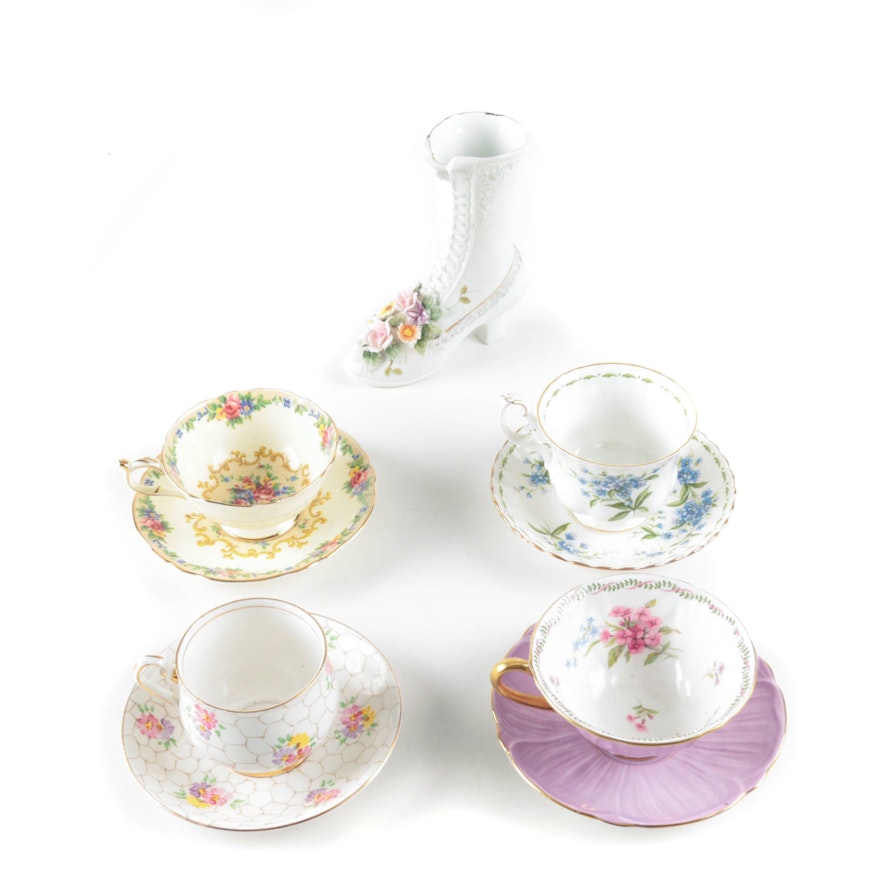 China Teacups and Vase including Lefton and Royal Albert