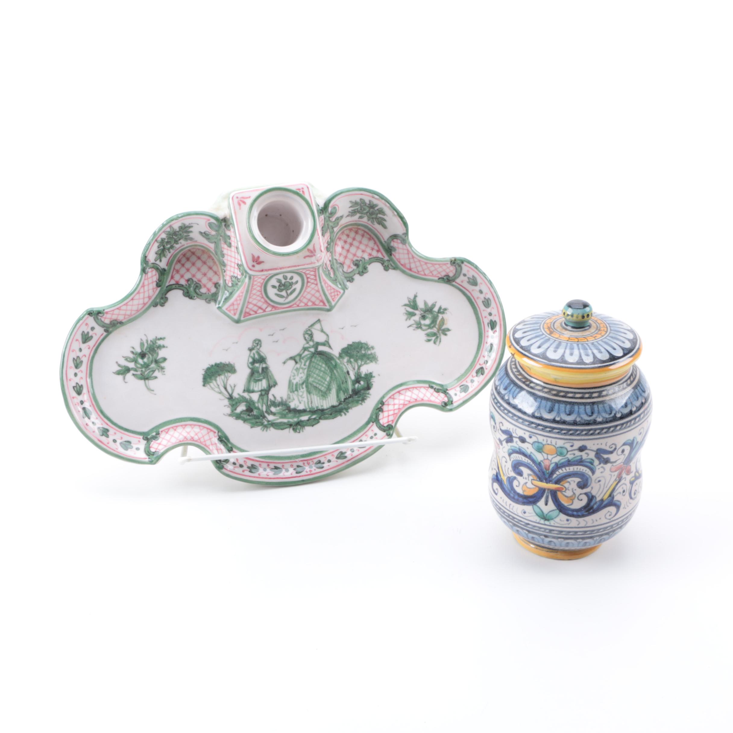 Vintage Italian Ceramic Inkwell and Jar Including Deruta