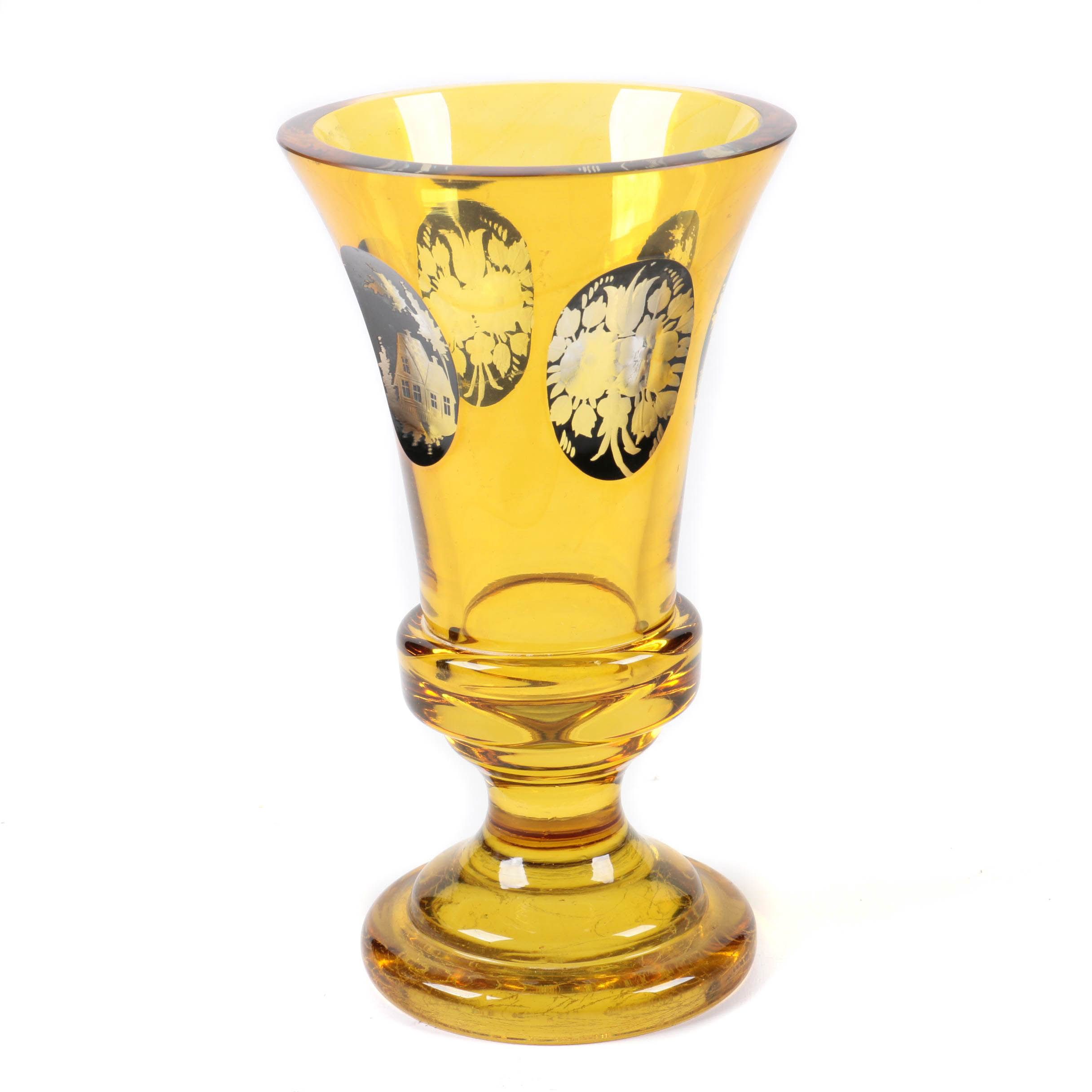 Vintage Czech Glass Vase with Etched Designs