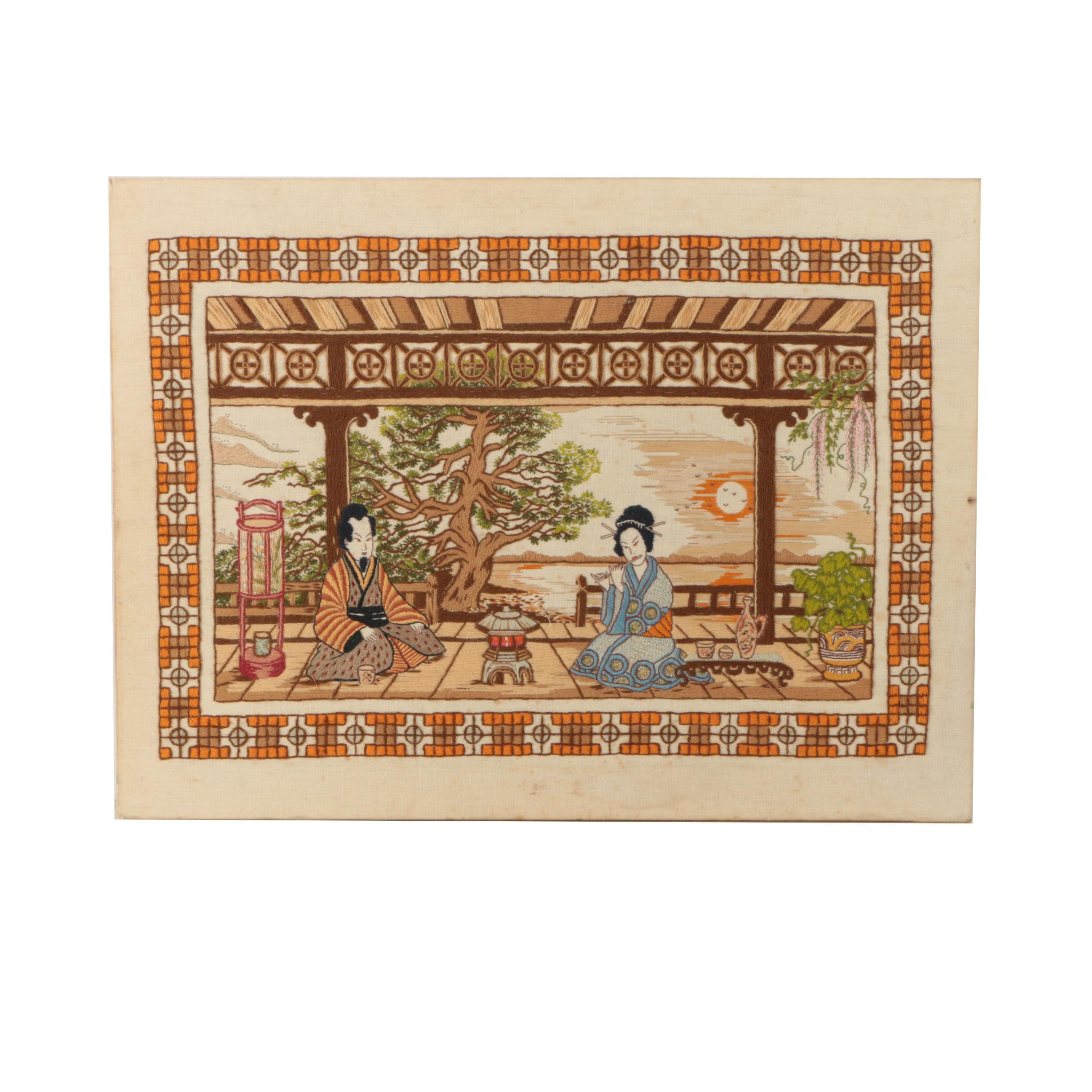 Japanese-Inspired Embroidery of a Man and Woman on a Porch