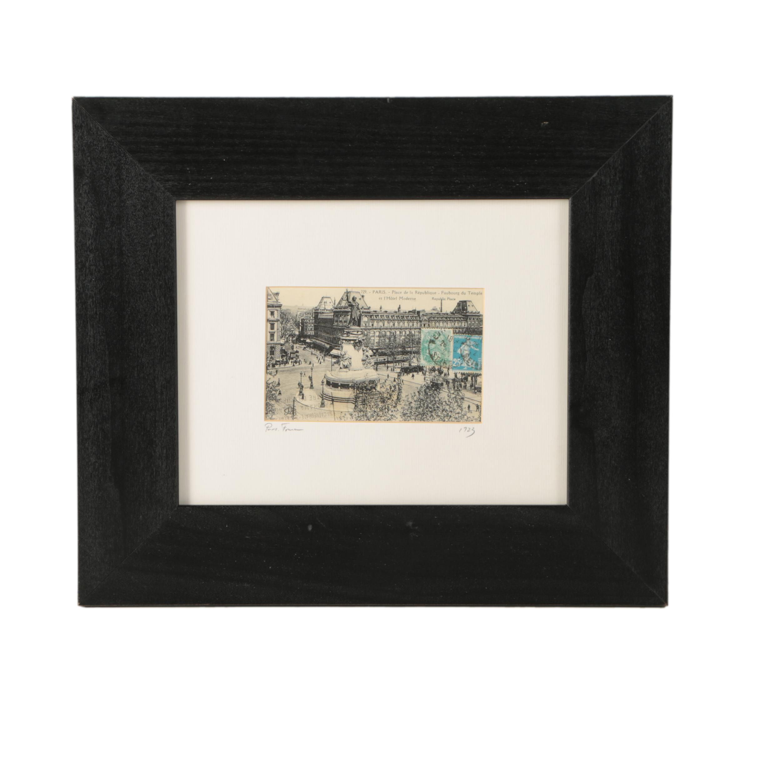 Framed Postcard With Exposed Back Depicting Place de la République, Paris