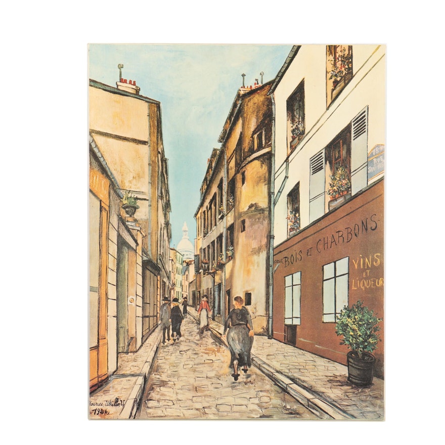 Offset Lithograph on Canvas After Maurice Utrillo of a Parisian Street