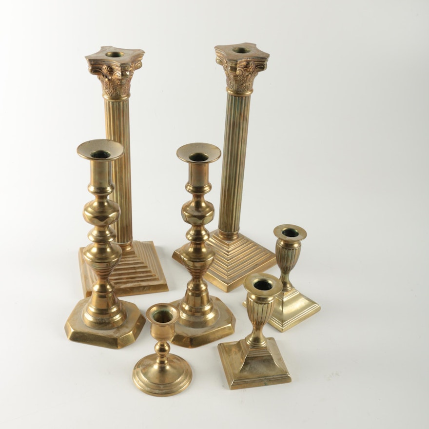 Brass Candlesticks including a Pair of Beehive Push-Up