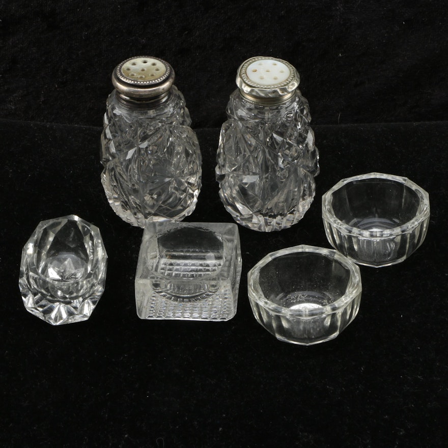 Glass Salt Cellars and Pair of Shakers with Sterling Lids