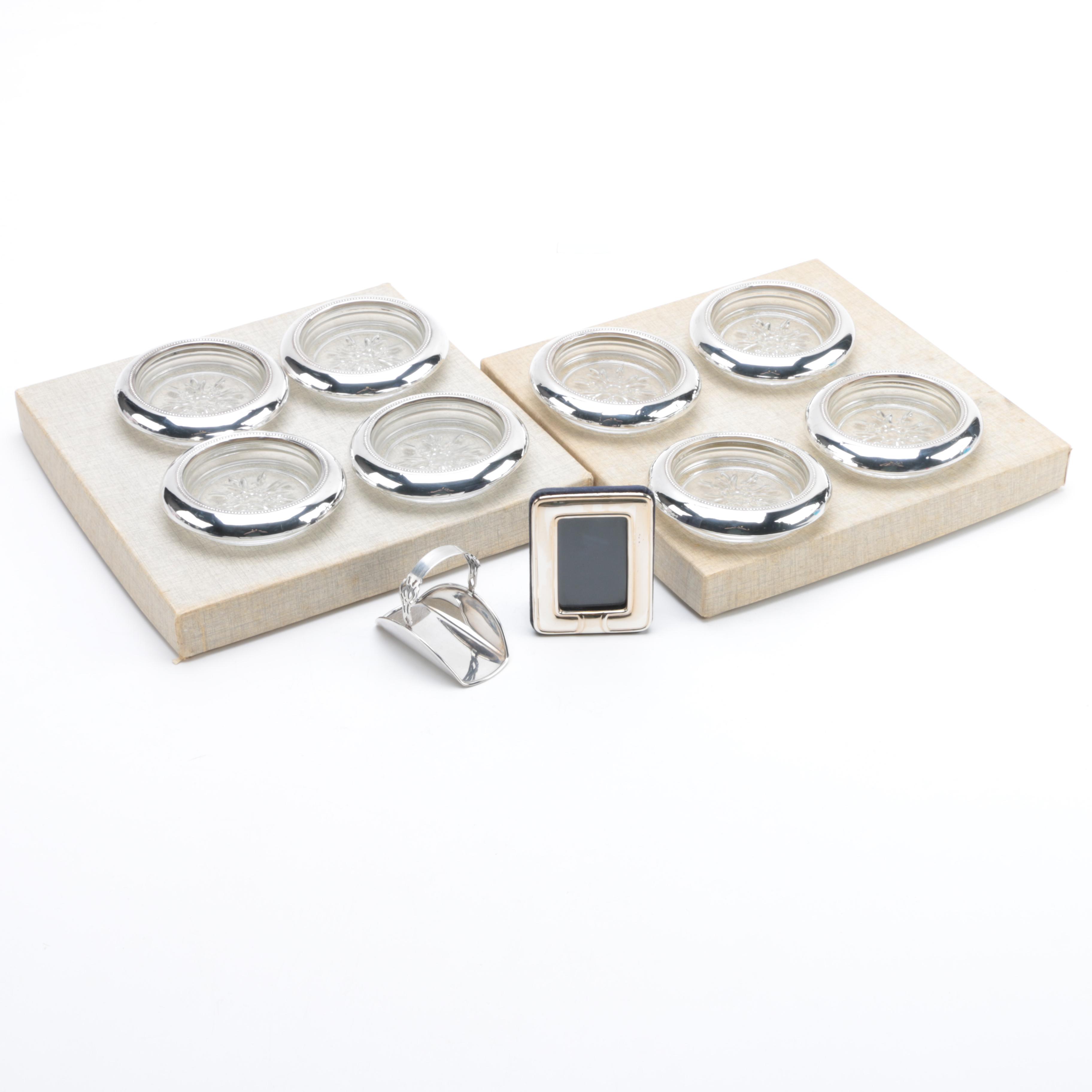 Empire Silver Co. Sterling Rimmed Glass Coasters with Sterling Decor