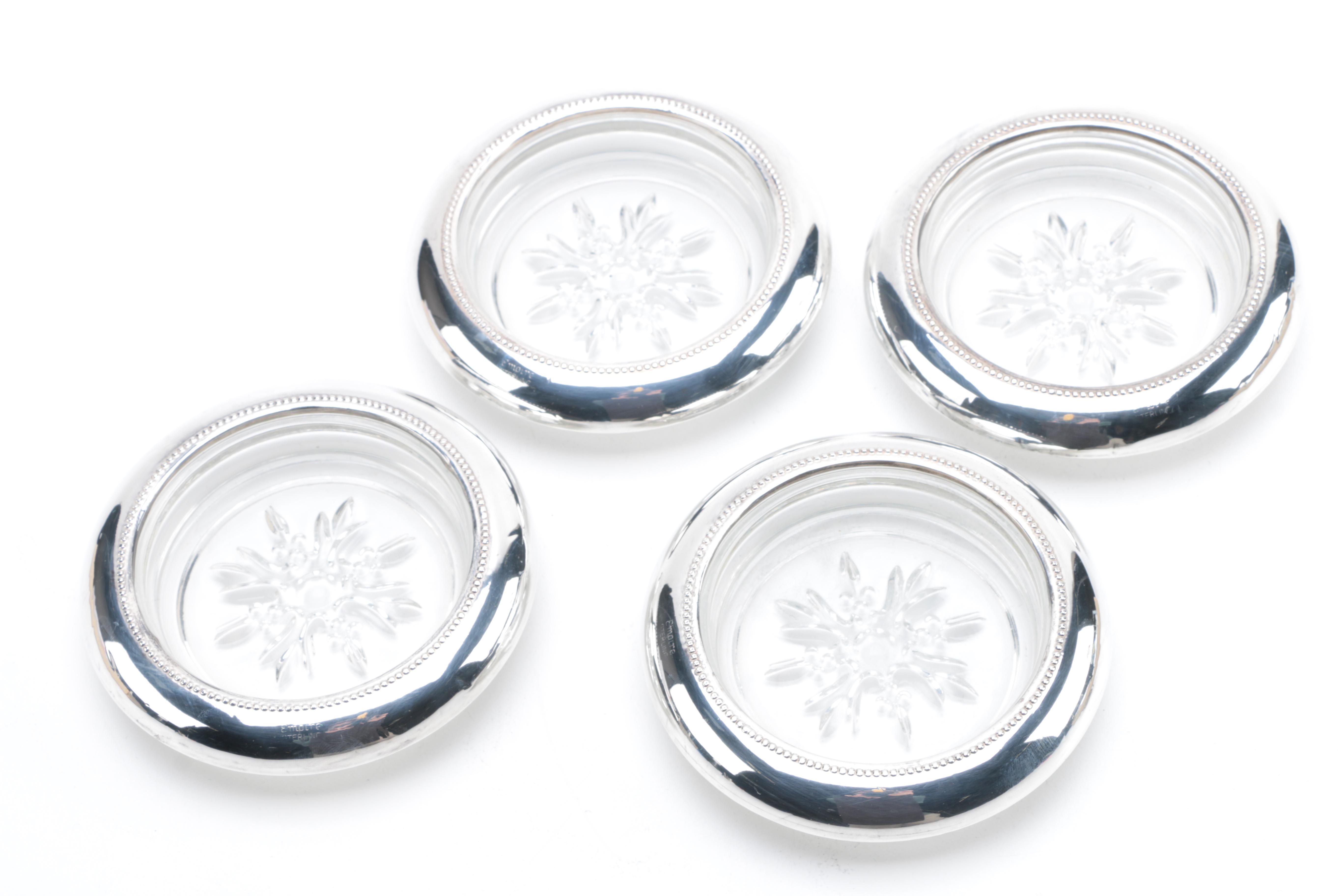 Empire Silver Co. Sterling Rimmed Glass Coasters with Sterling Decor