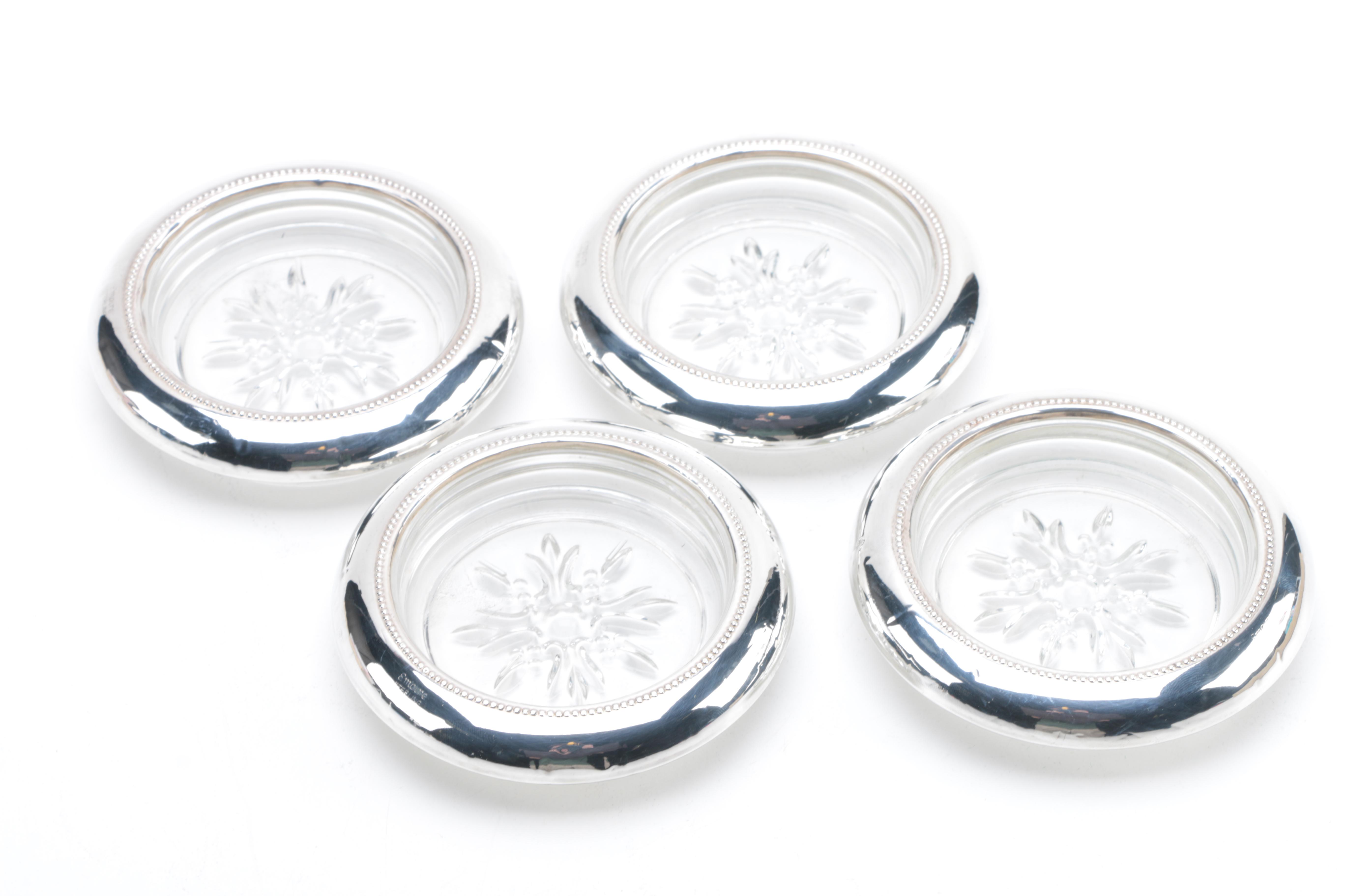 Empire Silver Co. Sterling Rimmed Glass Coasters with Sterling Decor