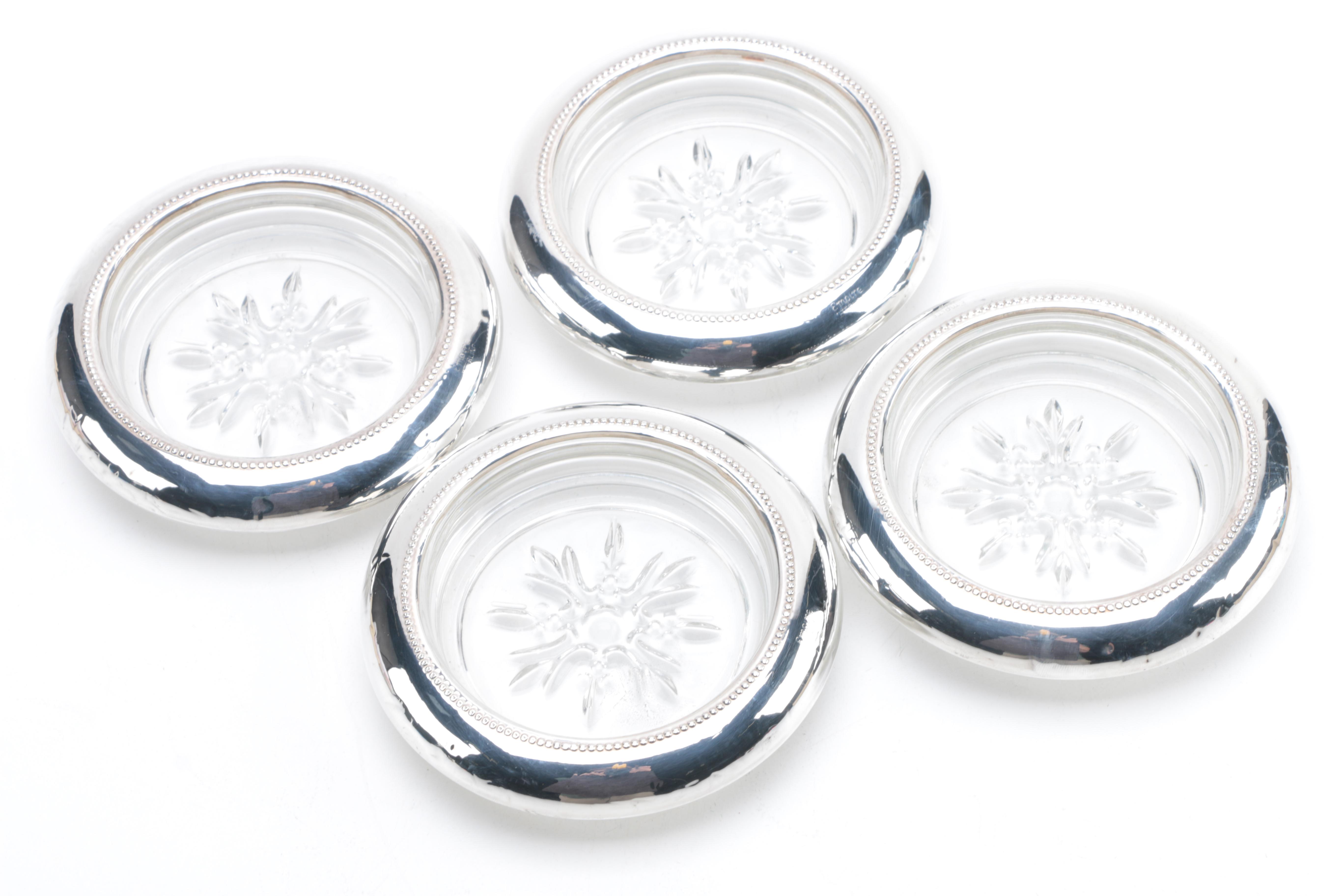 Empire Silver Co. Sterling Rimmed Glass Coasters with Sterling Decor