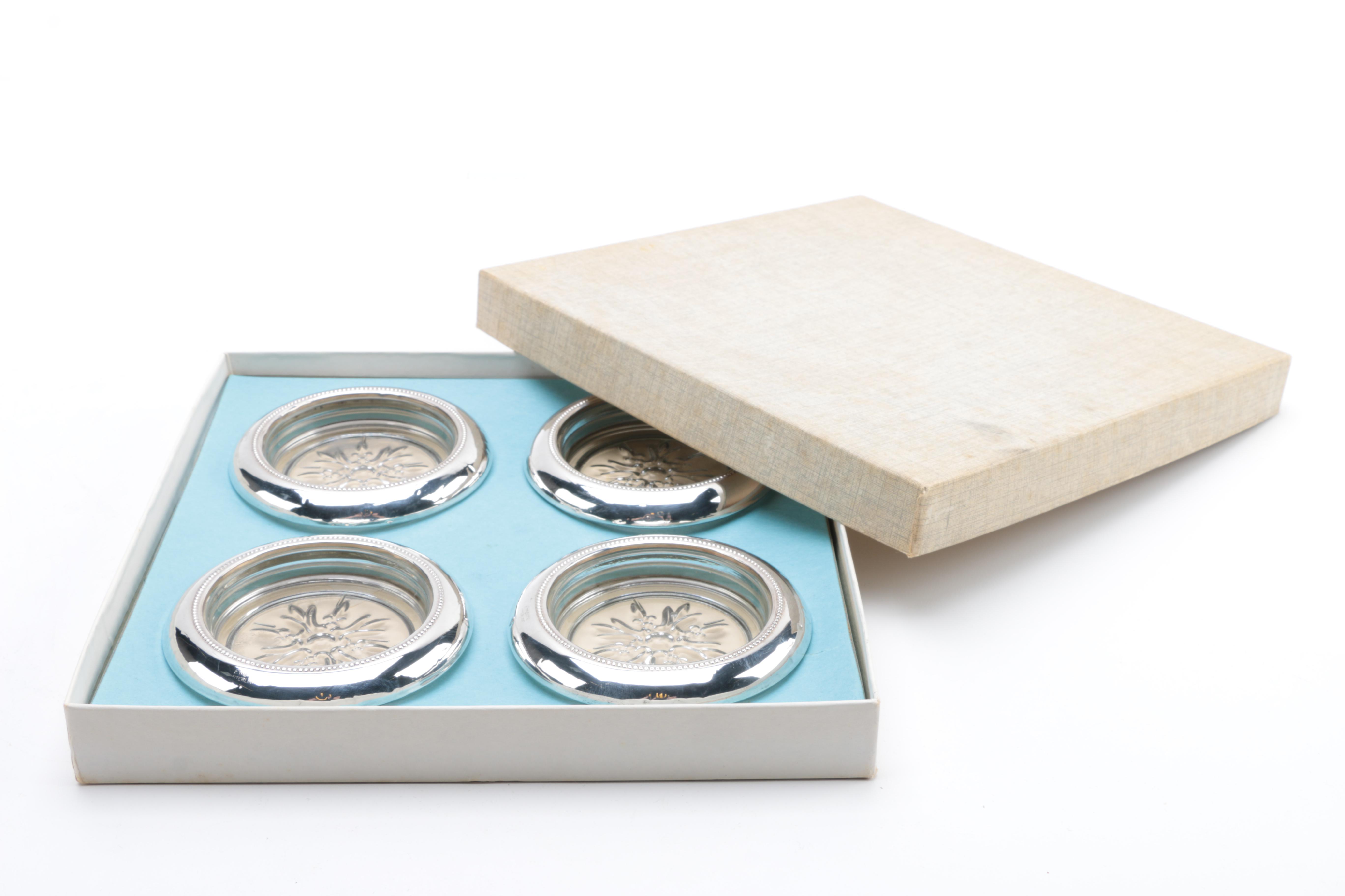 Empire Silver Co. Sterling Rimmed Glass Coasters with Sterling Decor