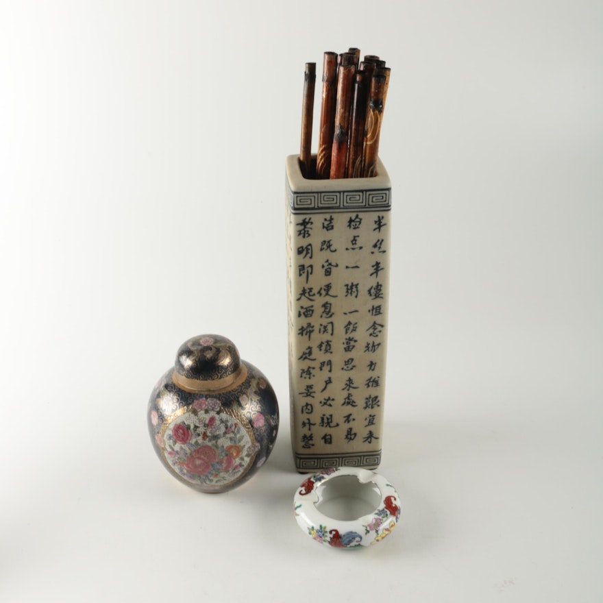 Chinese Porcelain and Ceramic Vessels with Decorative Bamboo