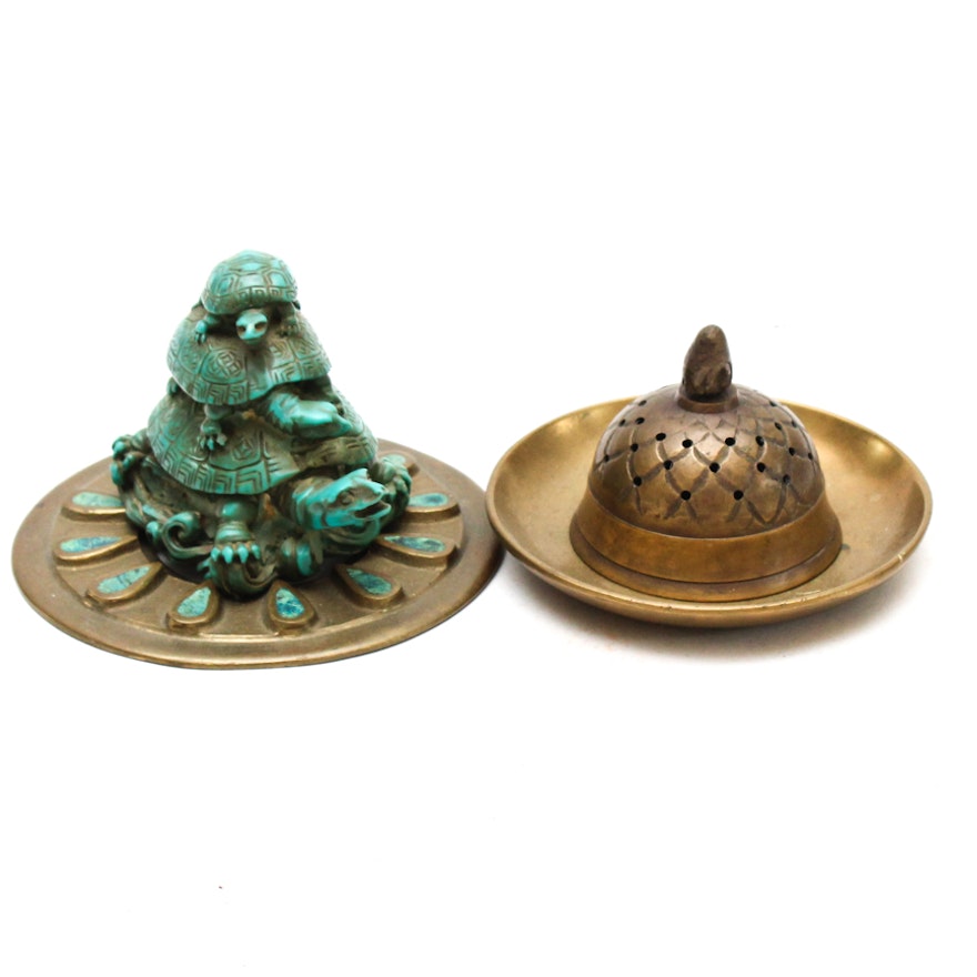 Vintage Brass Incense Burner and Resin Figurine With Underplates