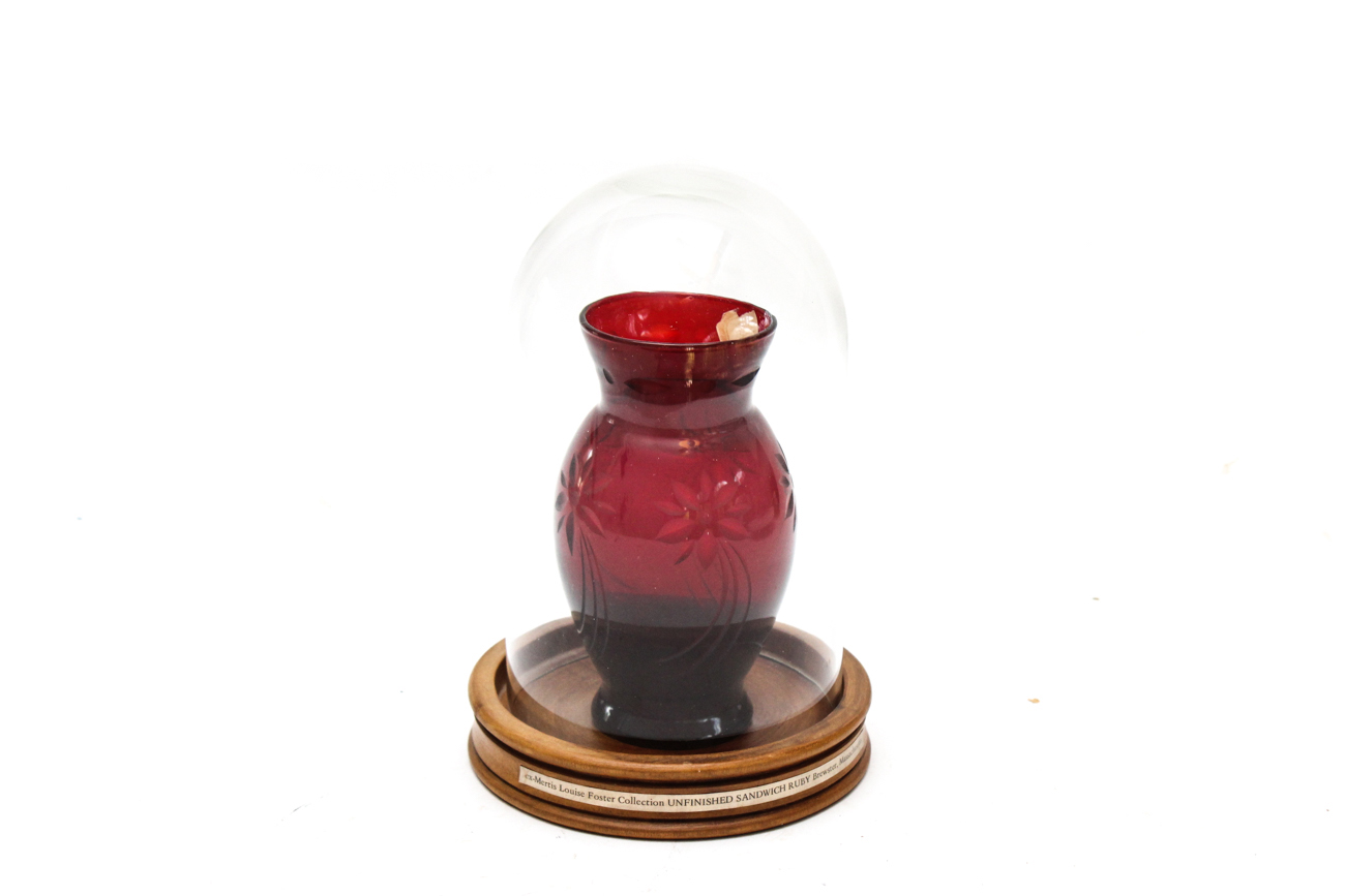 Antique Ruby Red Vase With Glass Dome And Wooden Stand