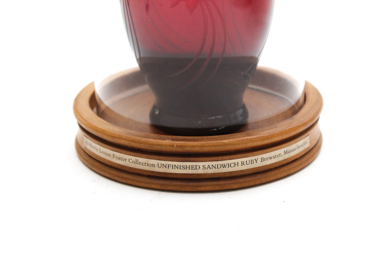 Antique Ruby Red Vase With Glass Dome And Wooden Stand