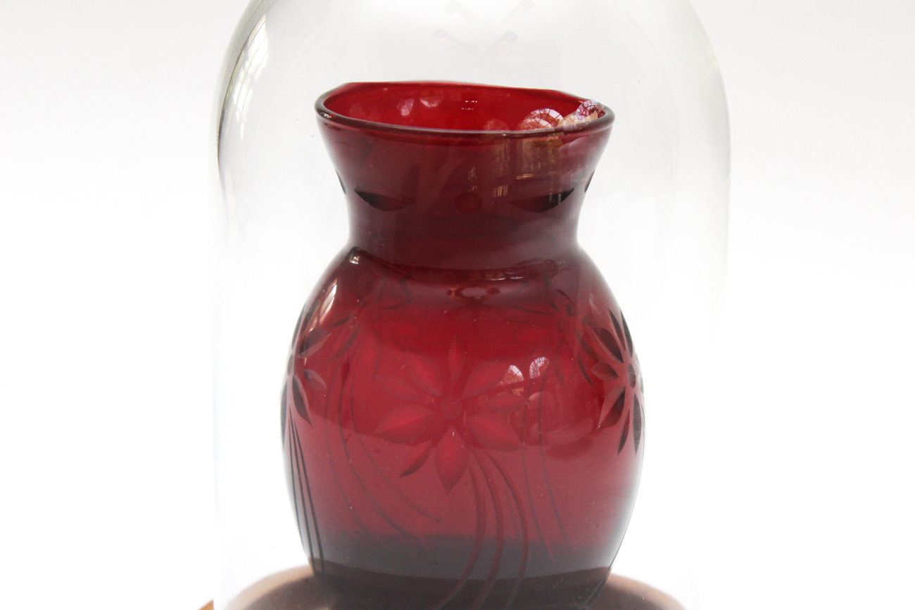 Antique Ruby Red Vase With Glass Dome And Wooden Stand