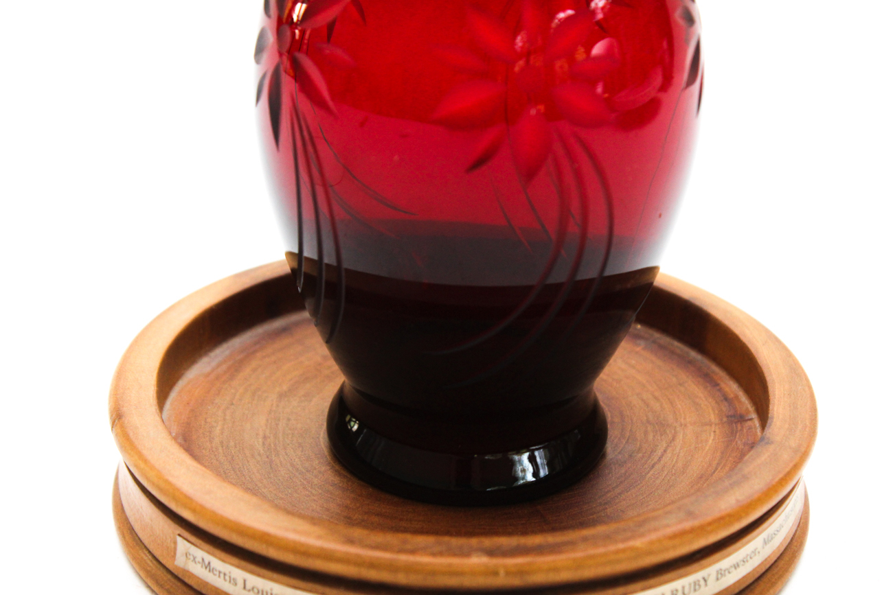 Antique Ruby Red Vase With Glass Dome And Wooden Stand