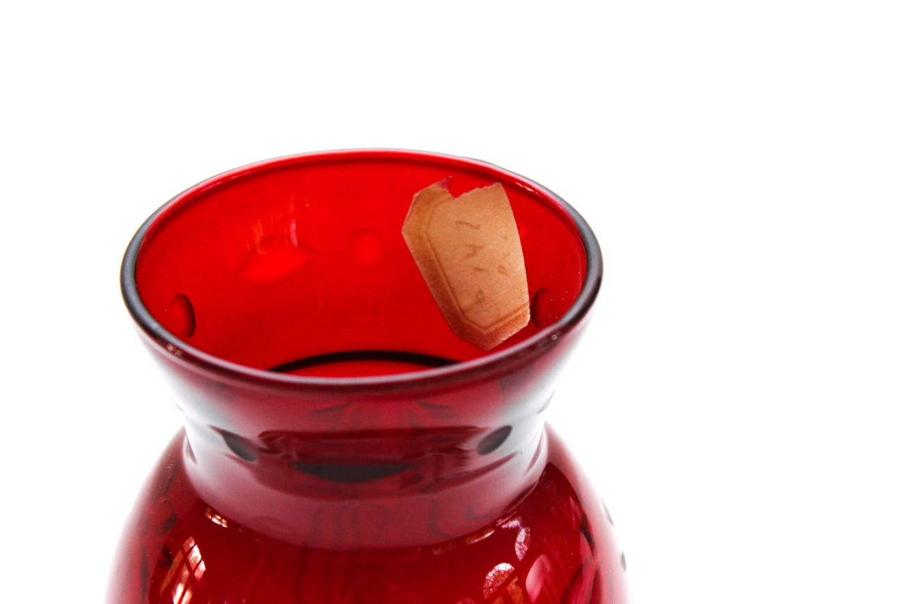 Antique Ruby Red Vase With Glass Dome And Wooden Stand