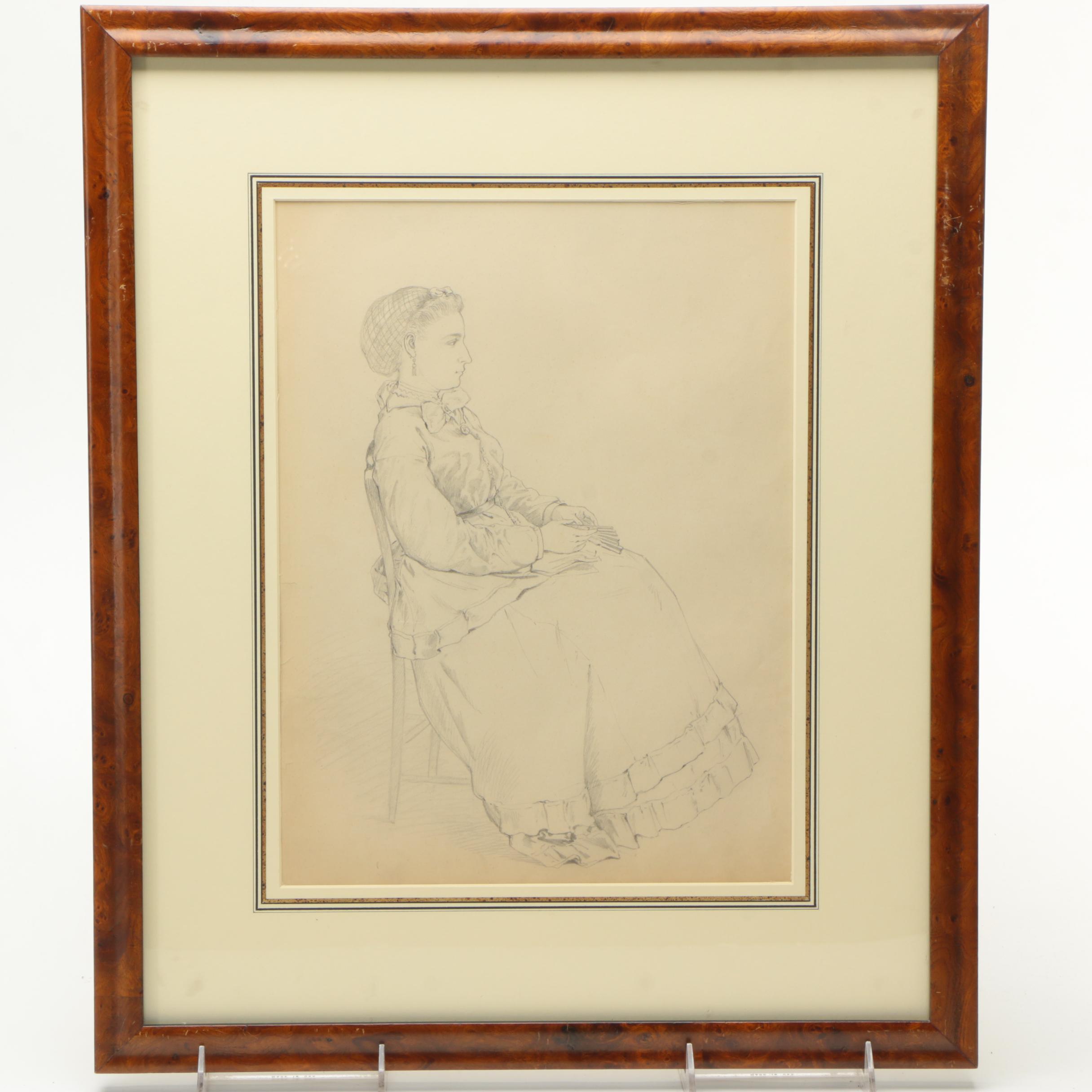 Attributed to Edmund Bensell Graphite Drawing on Paper "Seated Woman With Fan"