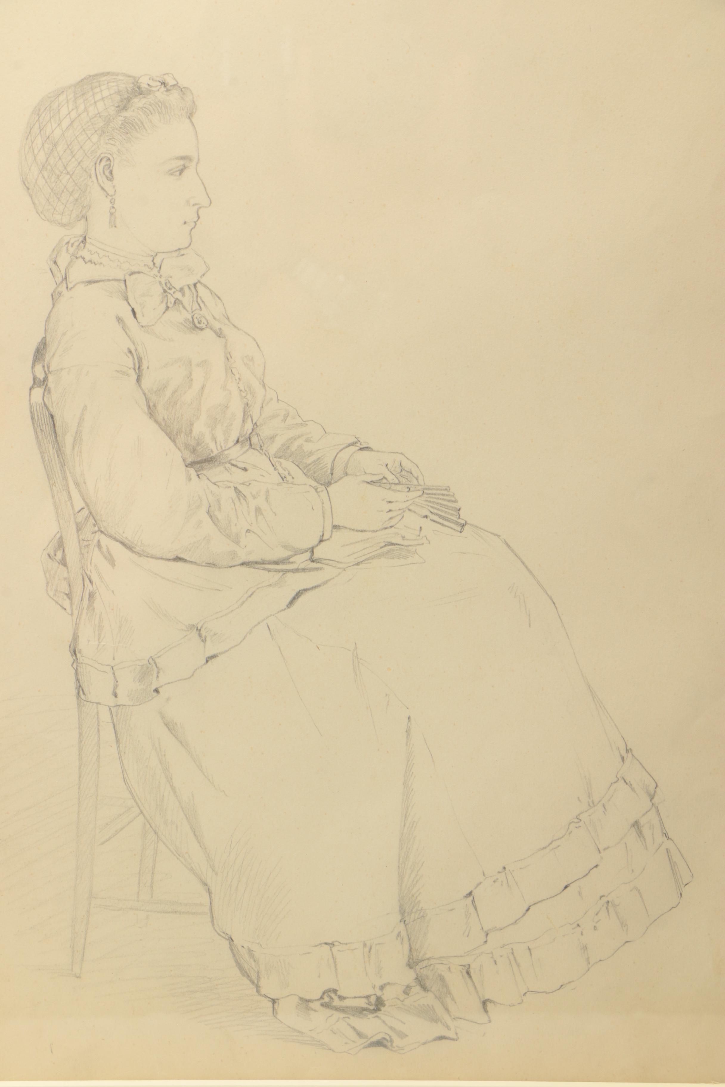 Attributed to Edmund Bensell Graphite Drawing on Paper "Seated Woman With Fan"