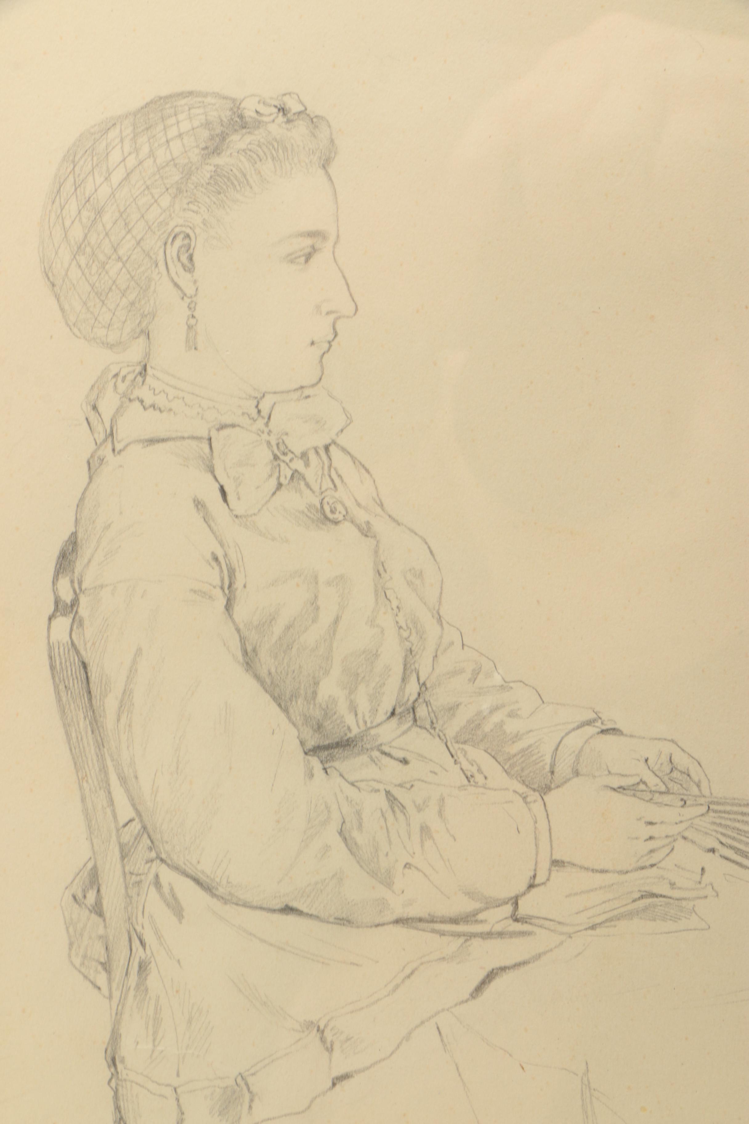 Attributed to Edmund Bensell Graphite Drawing on Paper "Seated Woman With Fan"