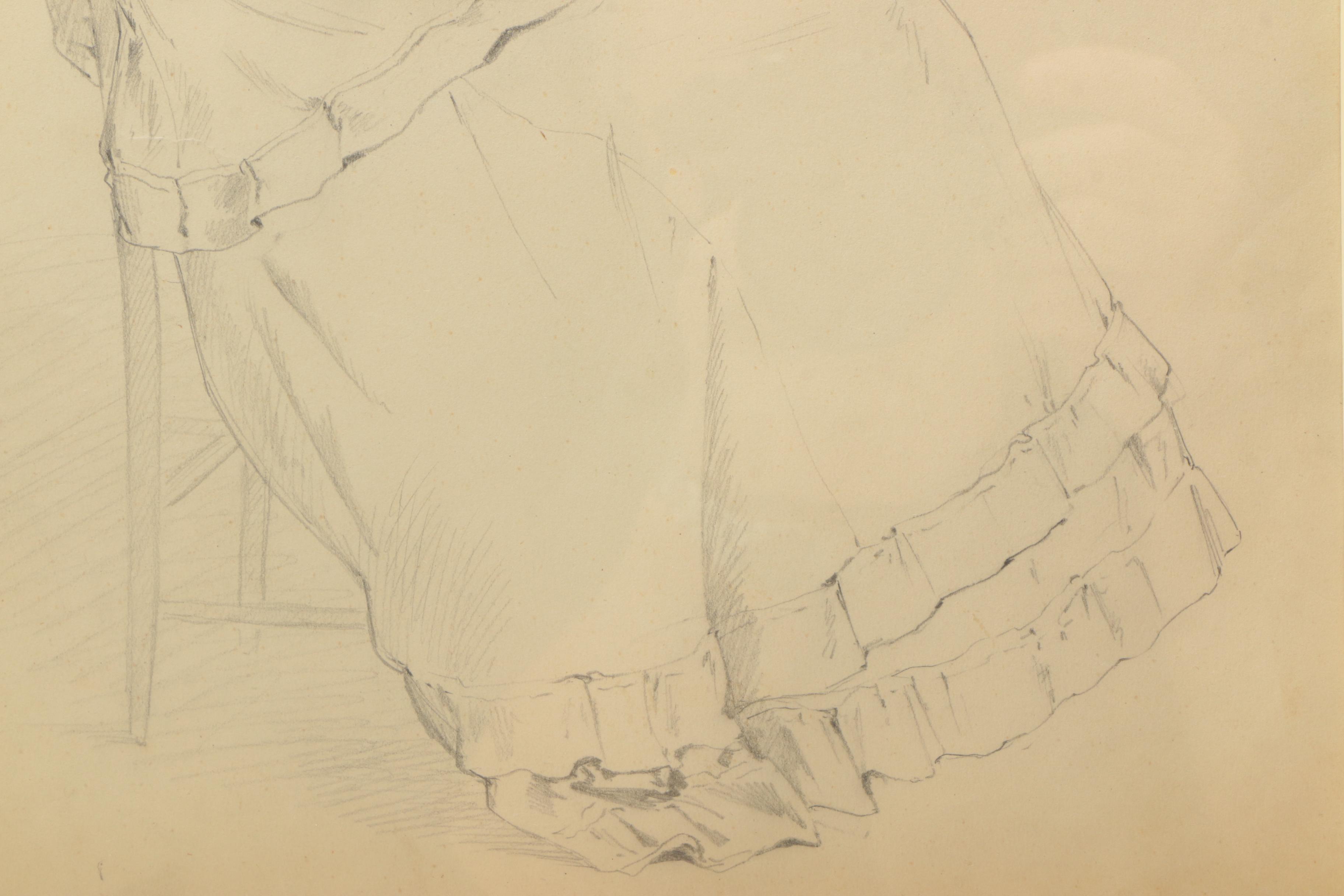 Attributed to Edmund Bensell Graphite Drawing on Paper "Seated Woman With Fan"