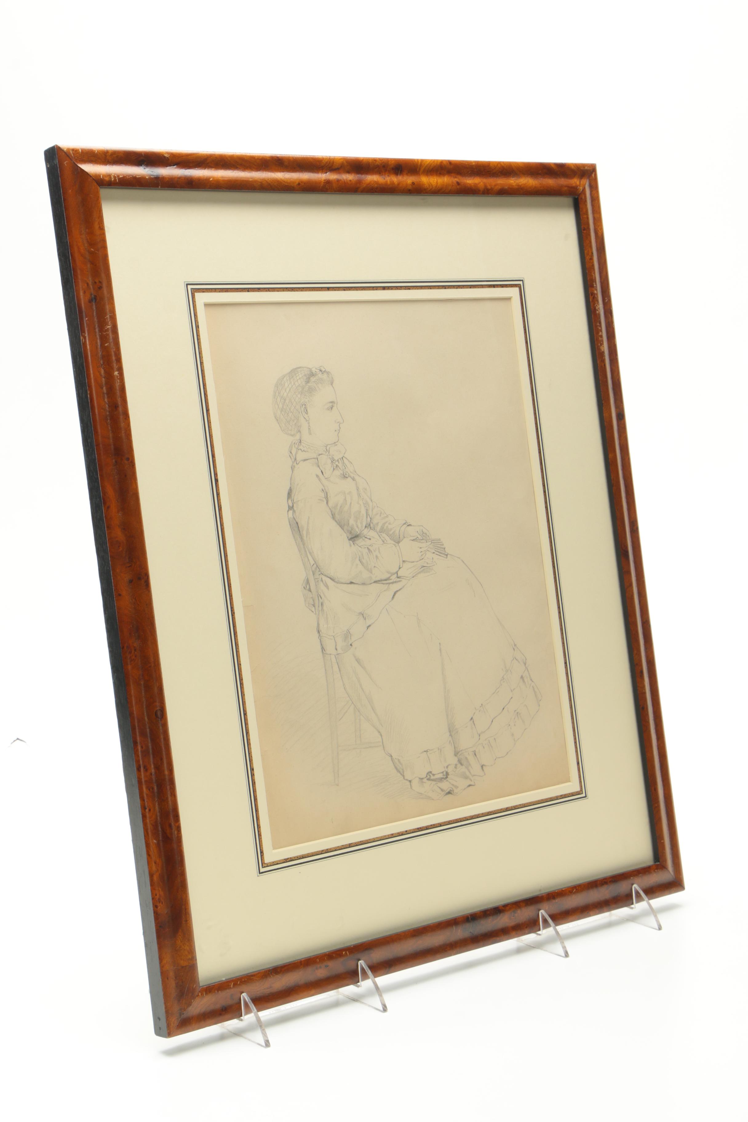 Attributed to Edmund Bensell Graphite Drawing on Paper "Seated Woman With Fan"