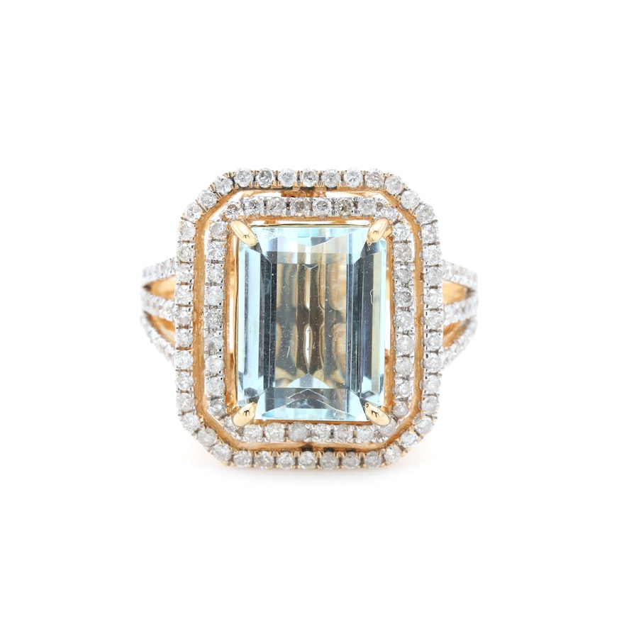 14K Yellow Gold Diamond and 3.88 CT Aquamarine Ring