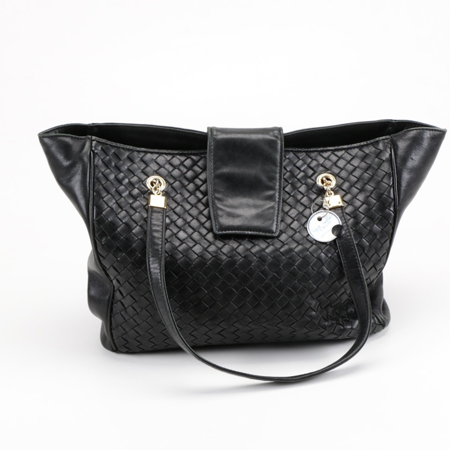 Black Woven Leather Tote Handbag