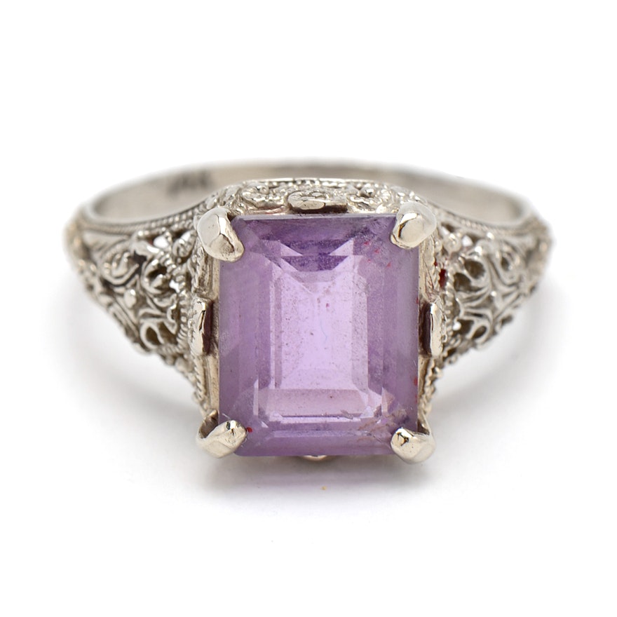 14K White Gold and Amethyst Filigree Ring