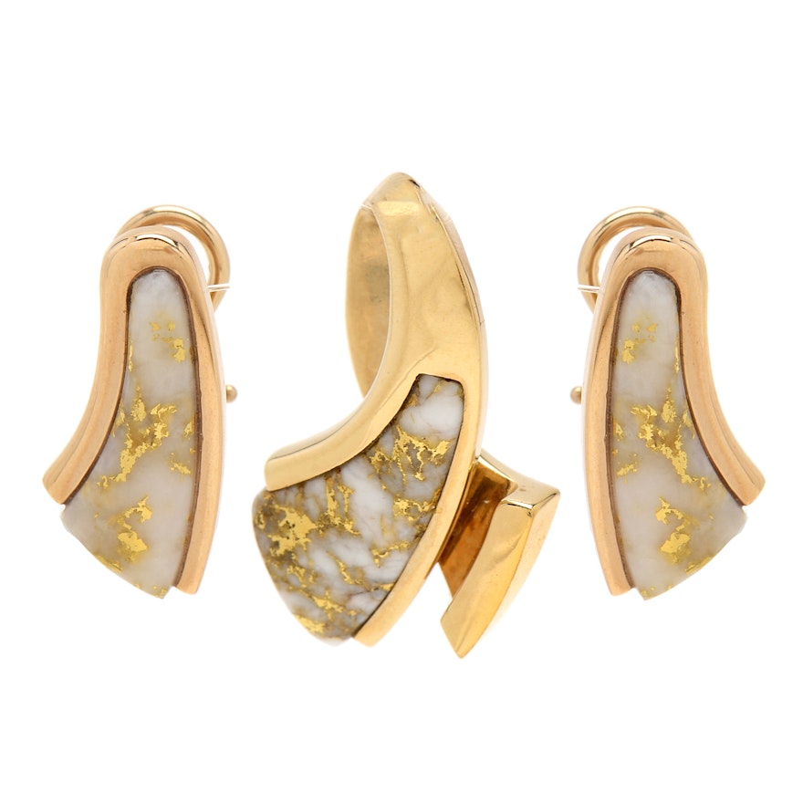 14K Yellow Gold Inlaid Agate Earrings and Pendant