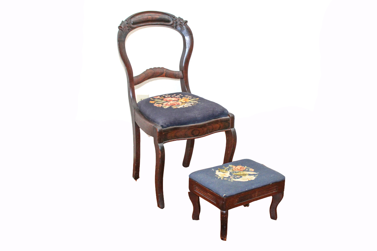 Antique Rosewood Balloon-Back Chair and Footstool