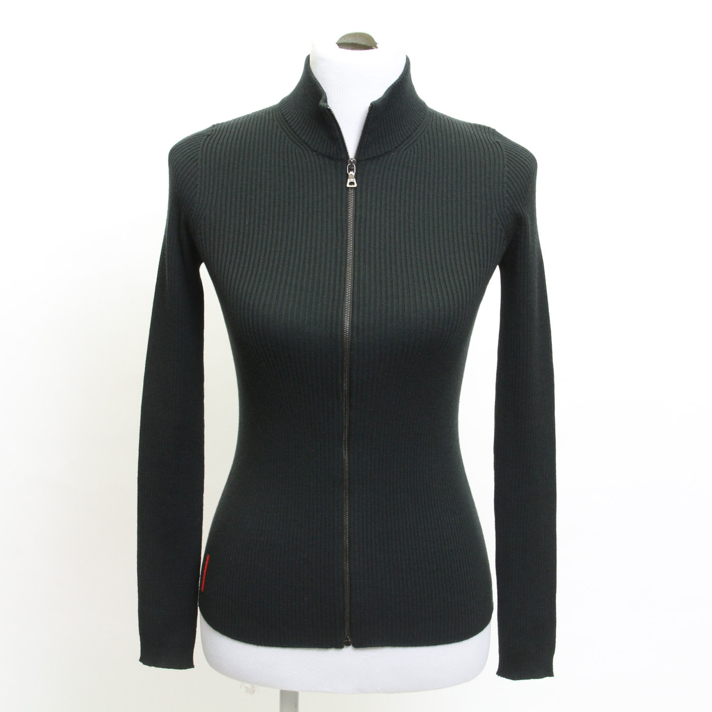 Prada Dark Green Ribbed Knit Zipper Front Sweater