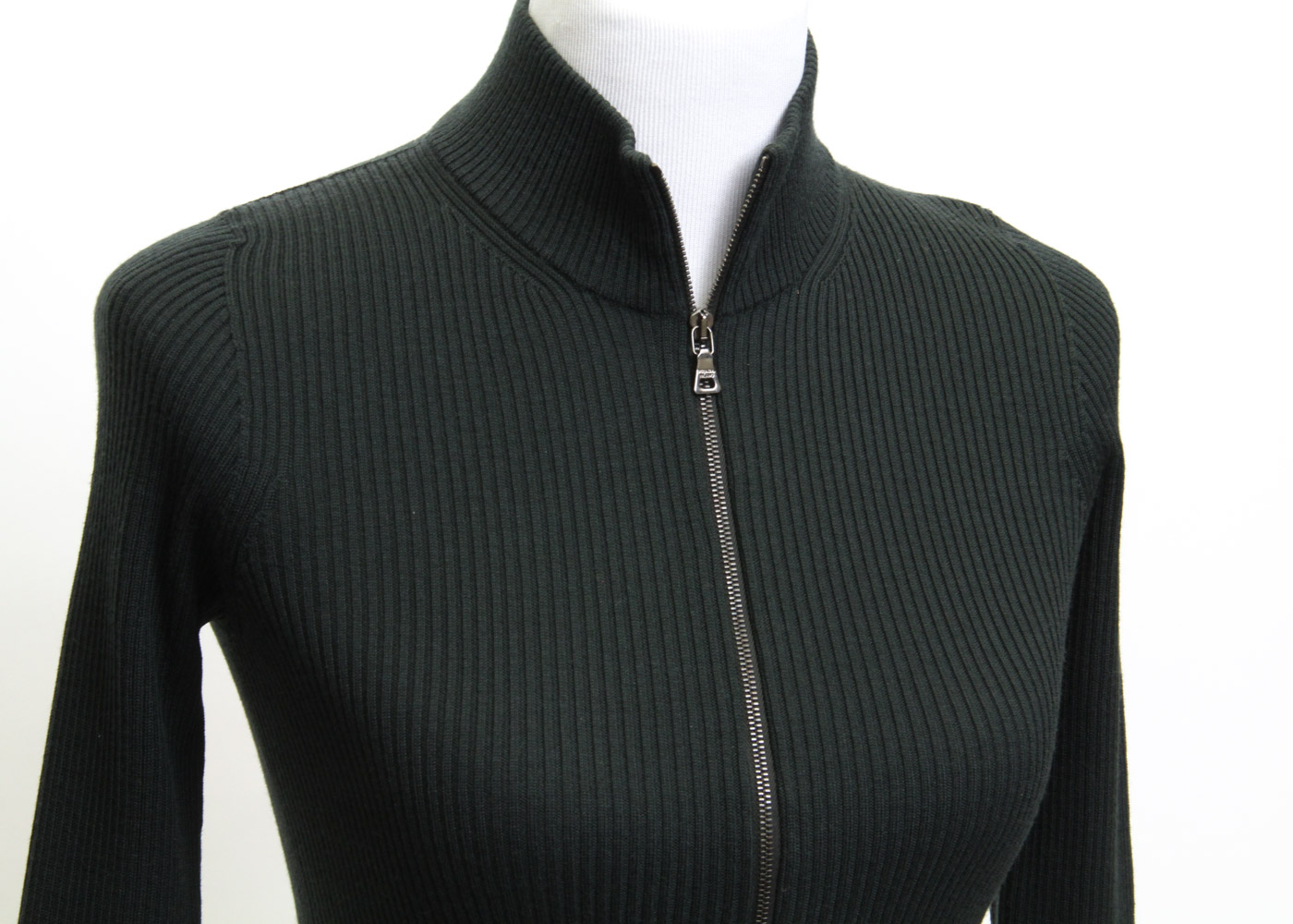 Prada Dark Green Ribbed Knit Zipper Front Sweater