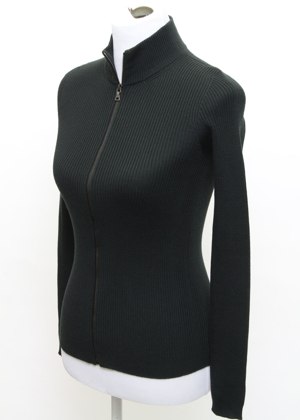 Prada Dark Green Ribbed Knit Zipper Front Sweater