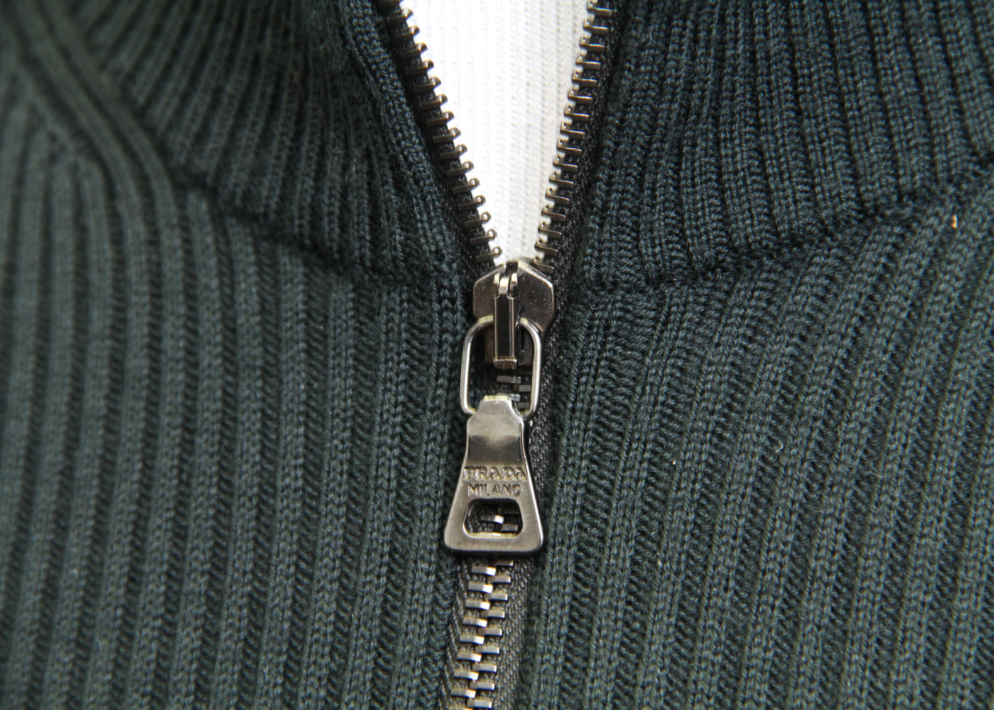 Prada Dark Green Ribbed Knit Zipper Front Sweater