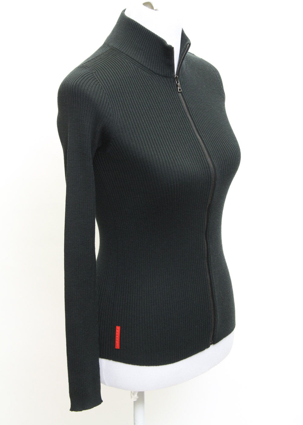 Prada Dark Green Ribbed Knit Zipper Front Sweater