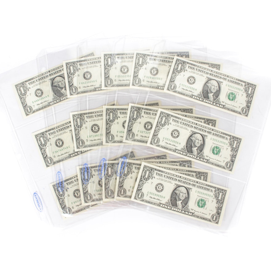 Fifteen Federal Reserve Notes with RADAR Serial Numbers