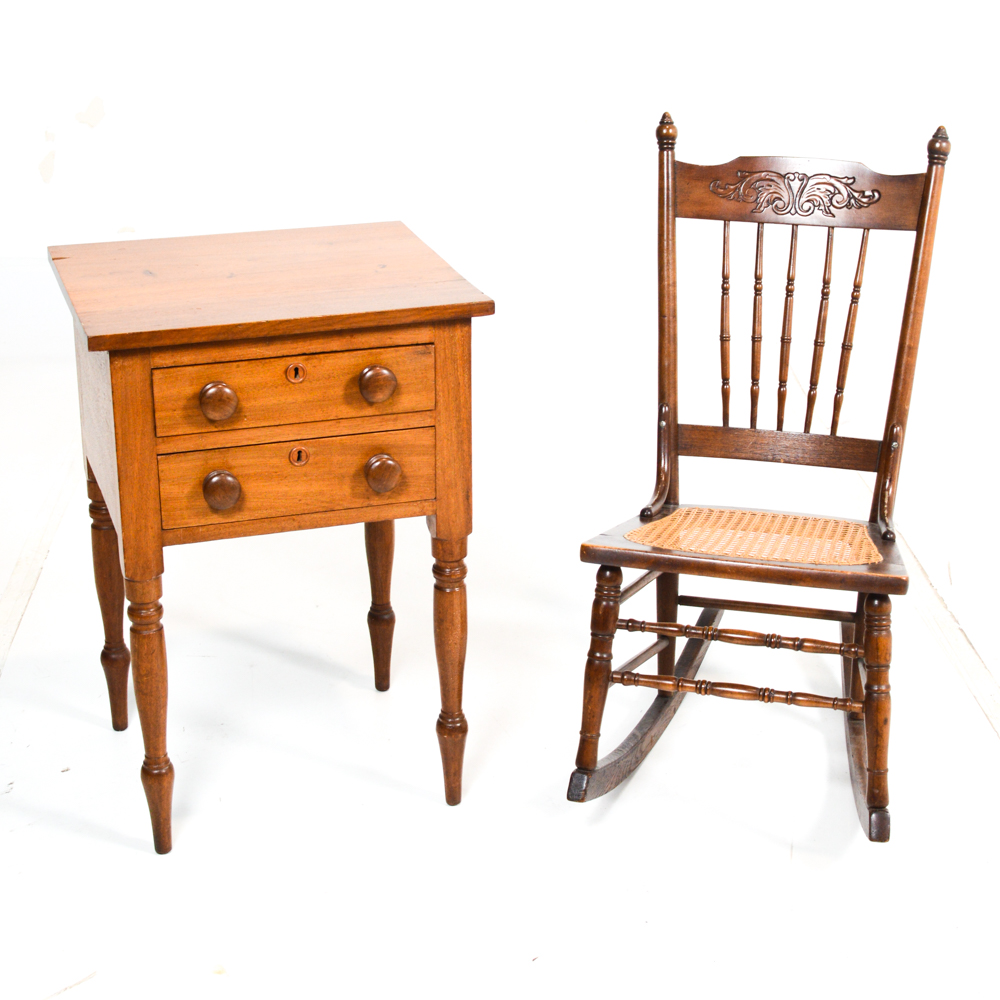 Vintage Bedside Table and Rocking Chair