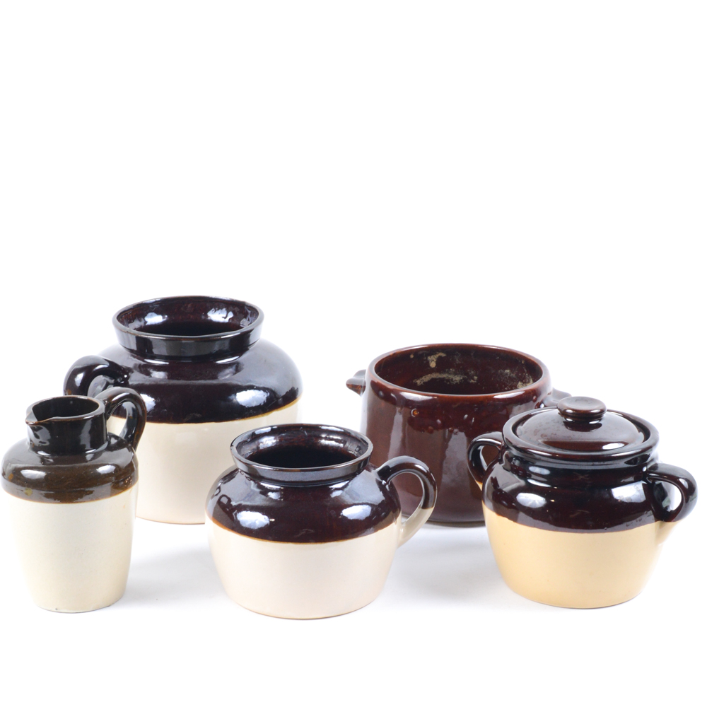 Brown and Tan Stoneware Crocks including West Bend