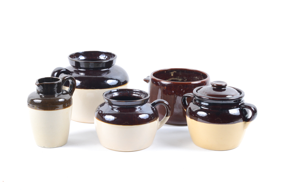 Brown and Tan Stoneware Crocks including West Bend